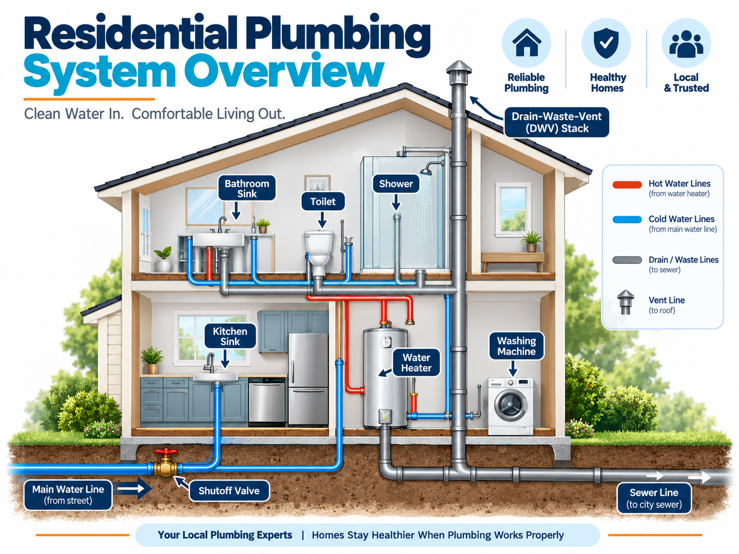 Diagram of a residential plumbing system showing the water supply line, water heater, fixture supply lines, traps, drain lines, vent stack and sewer line