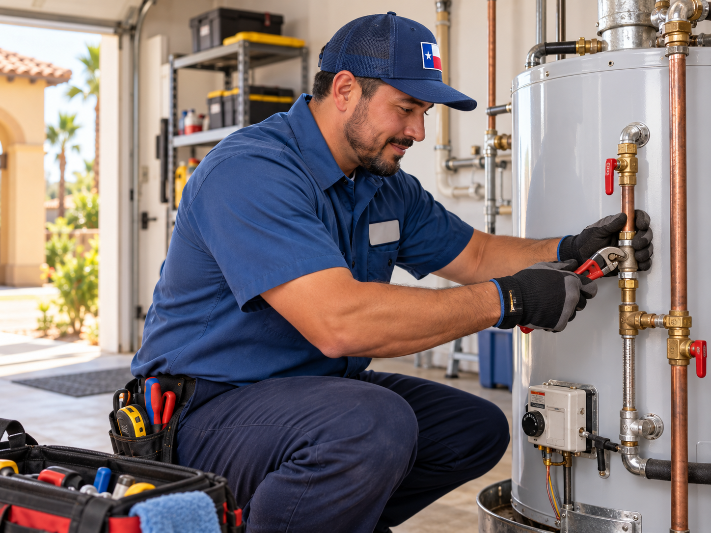 Plumber servicing the controls and connections on a residential water heater